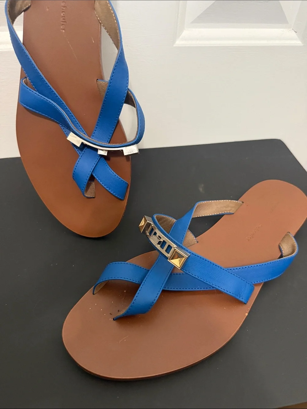 Proenza Schouler Blue Leather Crisscross w/ Toe Ring Slide Sandals - Women's
